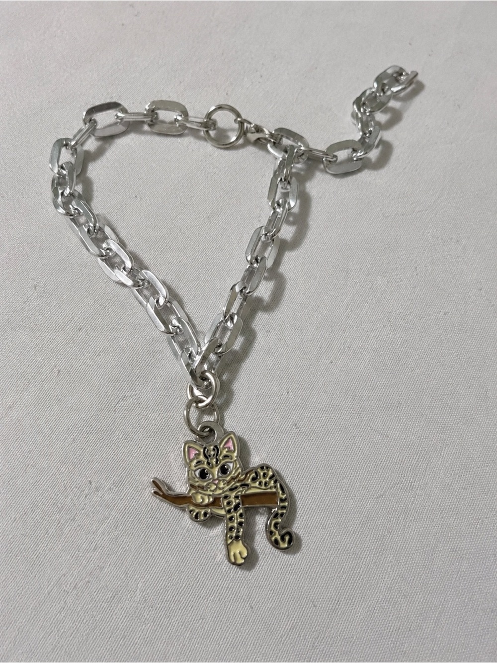 Y2K Silver Tone Leopard Cat Charm Bracelet Kawaii Animal Jewelry